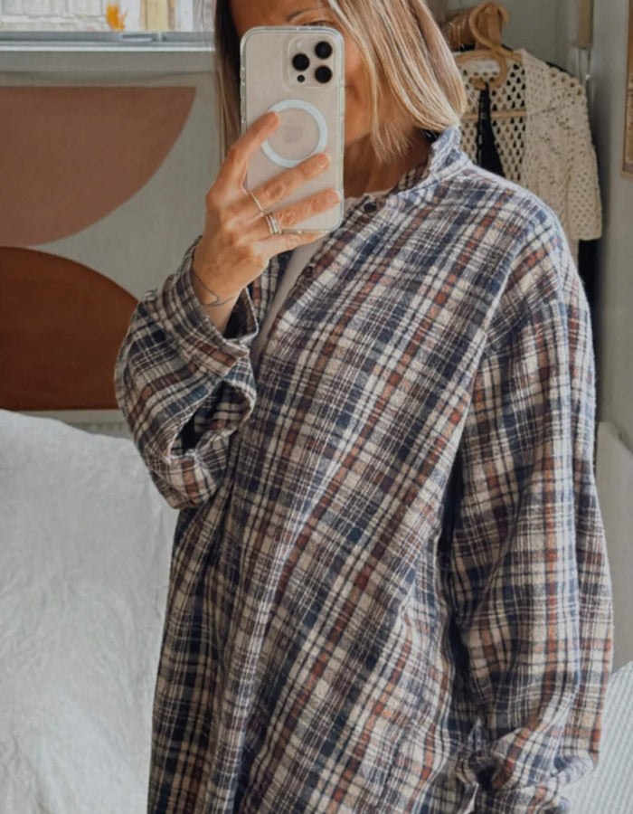BUSHSHIRT // Navy/Brown/Beige Check // Free Size (XL)
