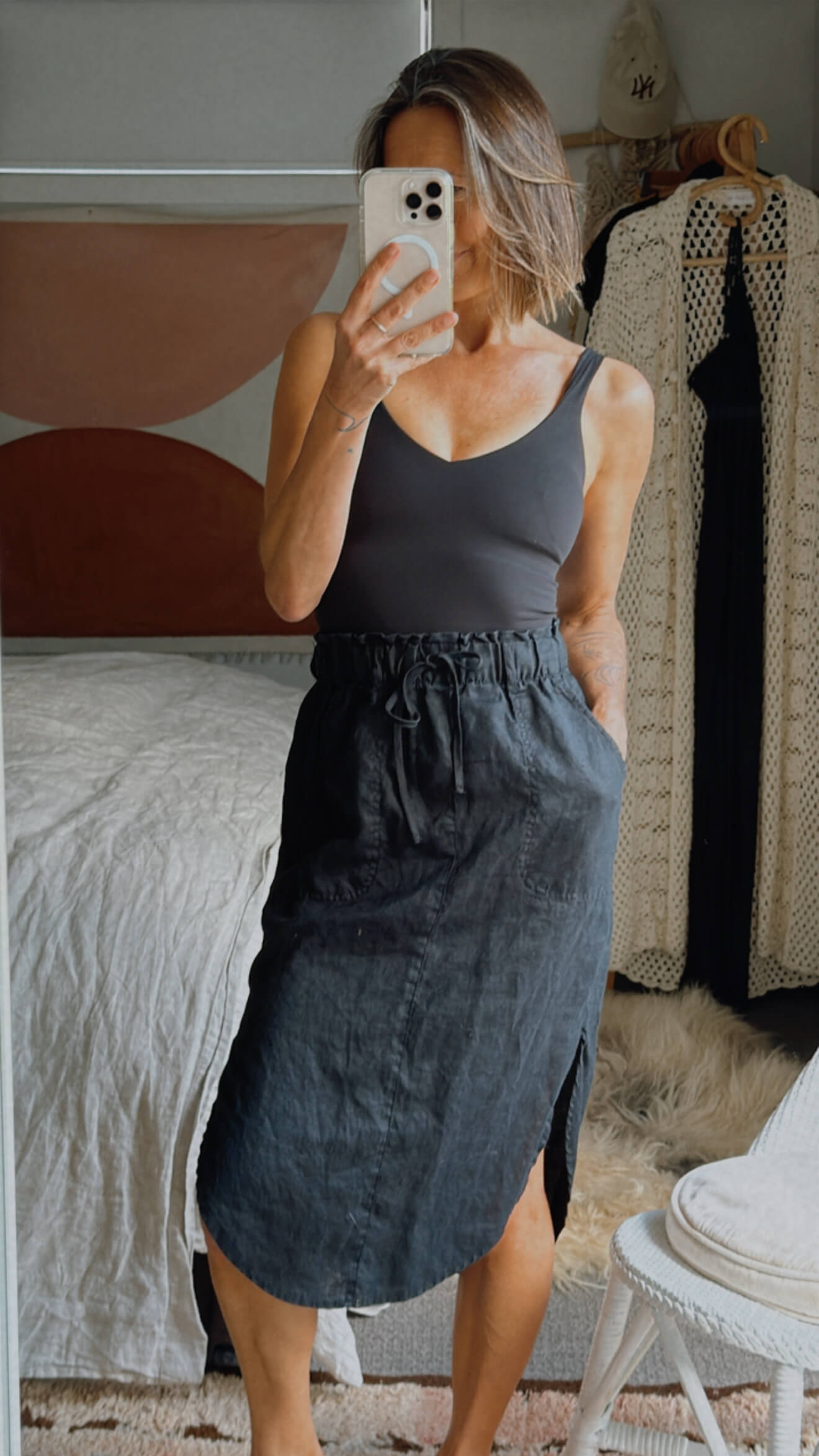 JUST JEANS // Linen Midi Skirt // Black // Small