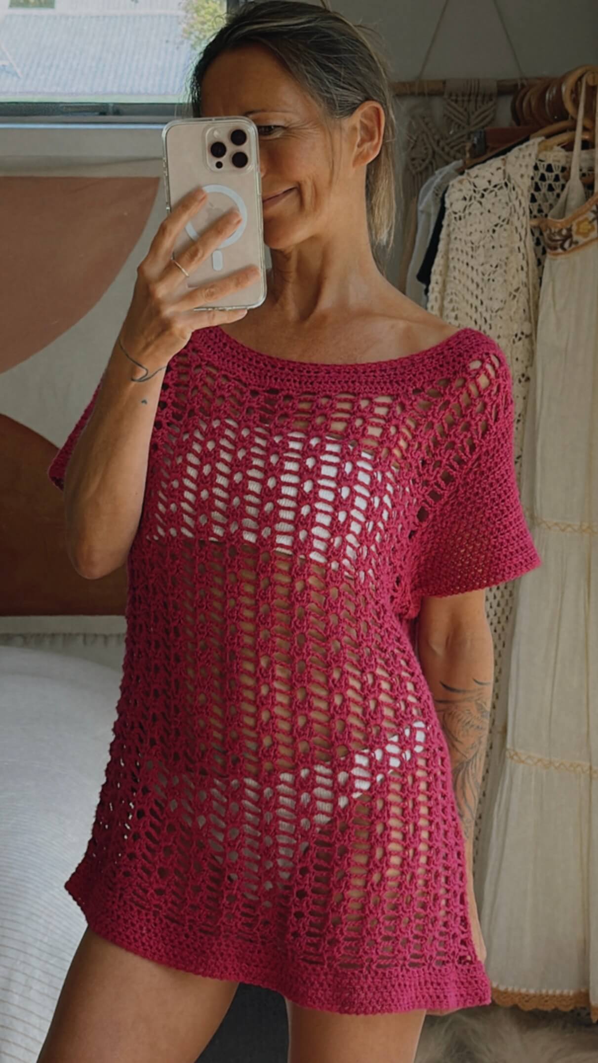 HAND-MADE Fuschia Crochet Mini Dress // Small