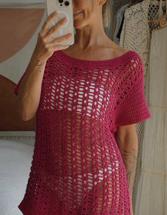 HAND-MADE Fuschia Crochet Mini Dress // Small