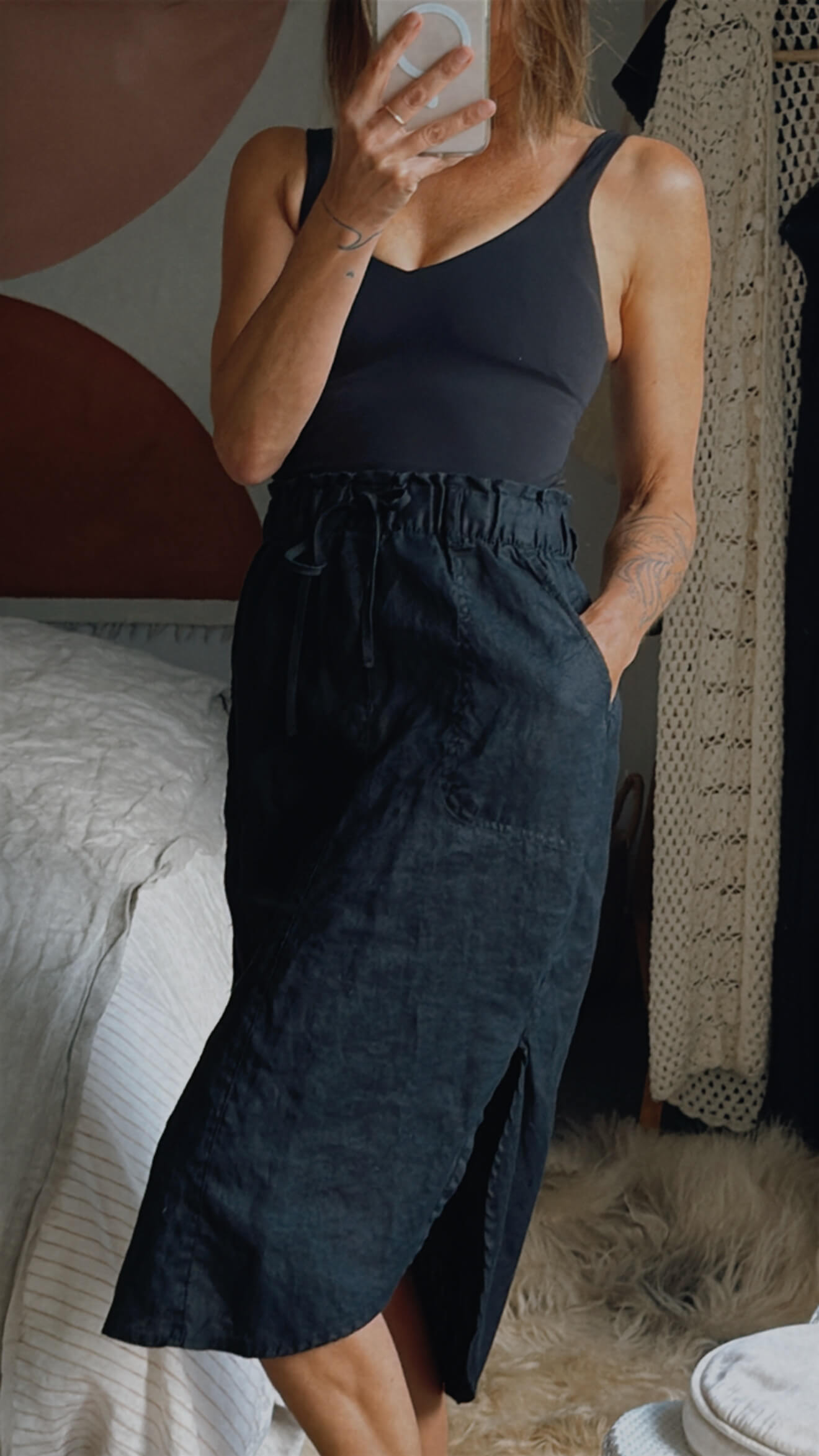 JUST JEANS // Linen Midi Skirt // Black // Small