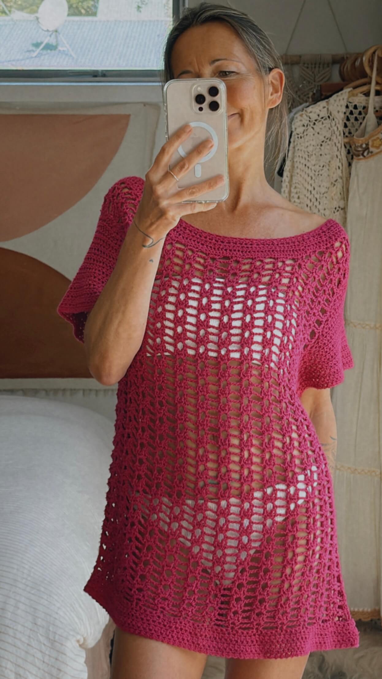 HAND-MADE Fuschia Crochet Mini Dress // Small