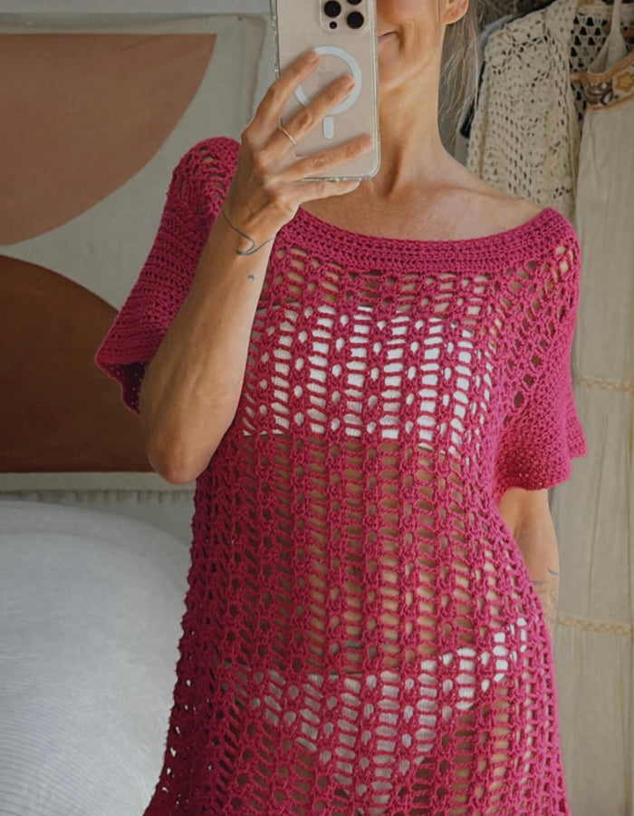 HAND-MADE Fuschia Crochet Mini Dress // Small