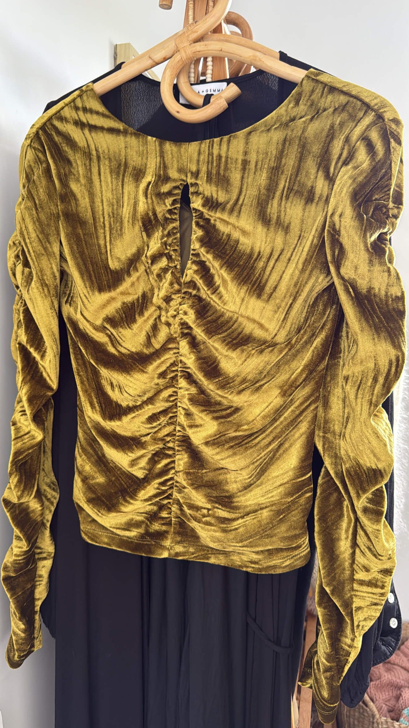STOLEN GIRLFRIENDS CLUB Rouched Velvet Cutout Top // Gold-Chartreuse // Size 8