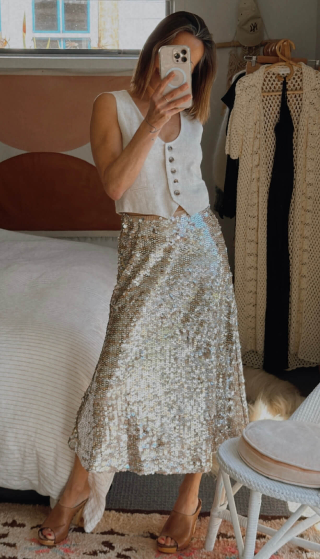 SEED HERITAGE // Sequinned Skirt // Silver/Nude // Size 6