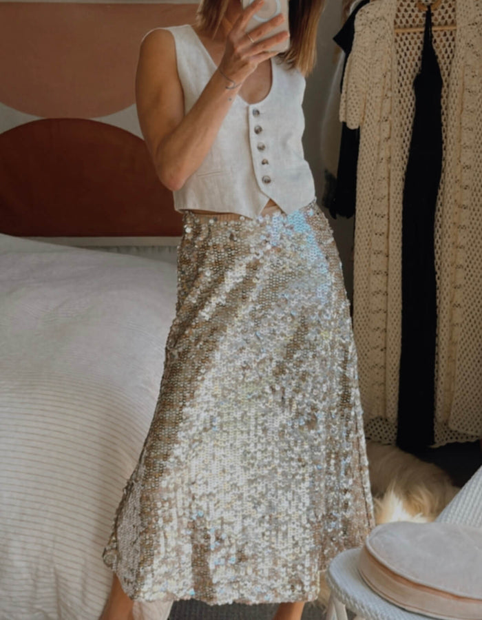 SEED HERITAGE // Sequinned Skirt // Silver/Nude // Size 6