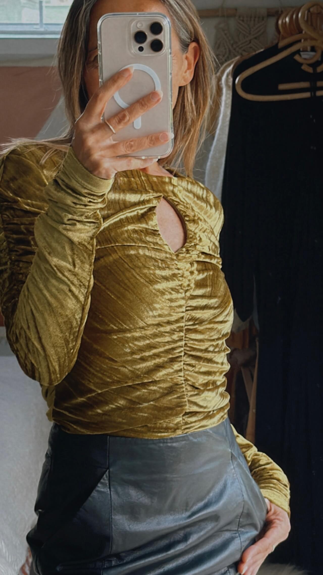 STOLEN GIRLFRIENDS CLUB Rouched Velvet Cutout Top // Gold-Chartreuse // Size 8