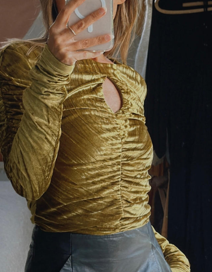STOLEN GIRLFRIENDS CLUB Rouched Velvet Cutout Top // Gold-Chartreuse // Size 8