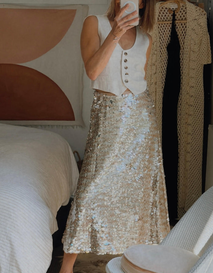 SEED HERITAGE // Sequinned Skirt // Silver/Nude // Size 6