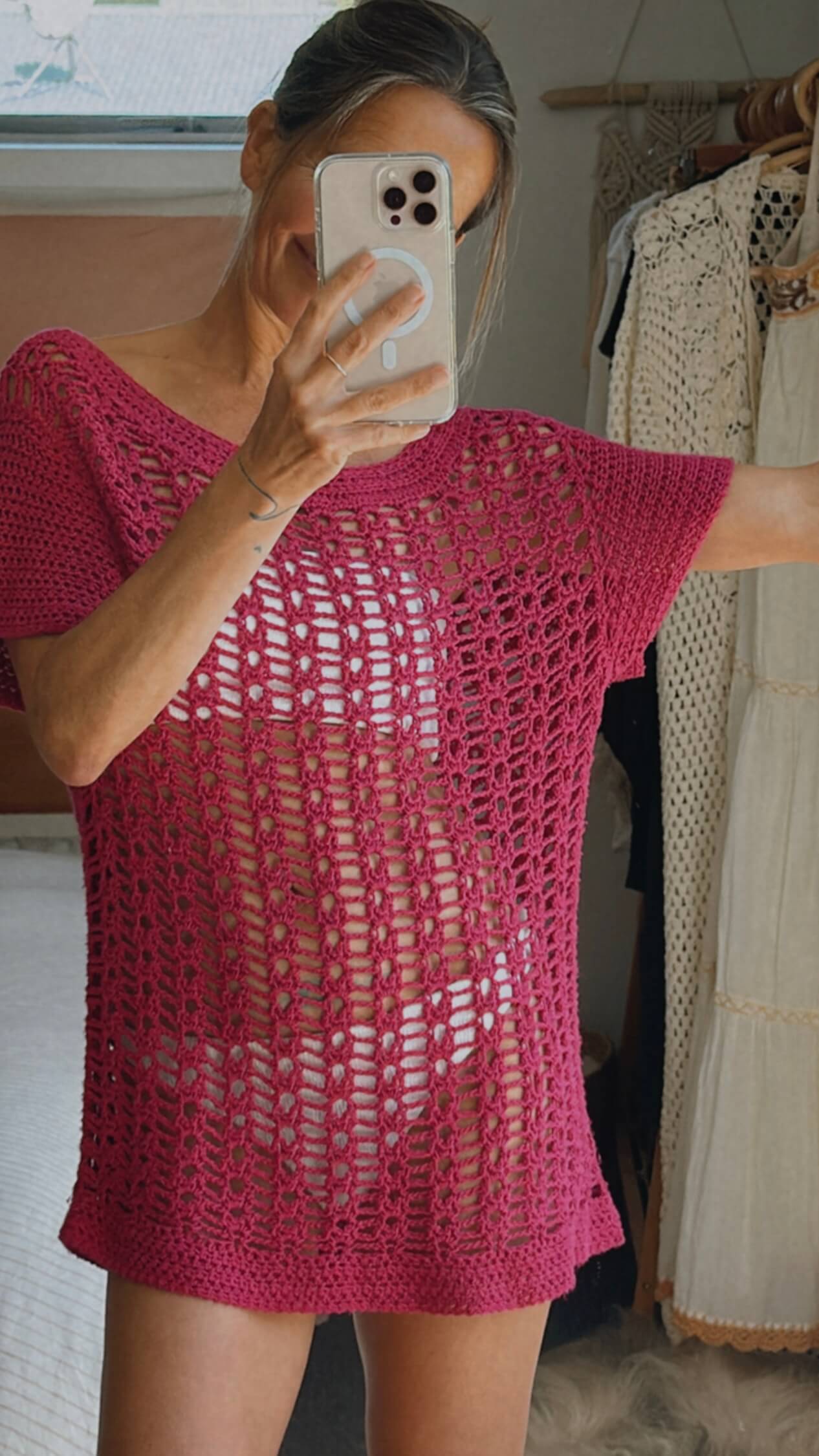 HAND-MADE Fuschia Crochet Mini Dress // Small