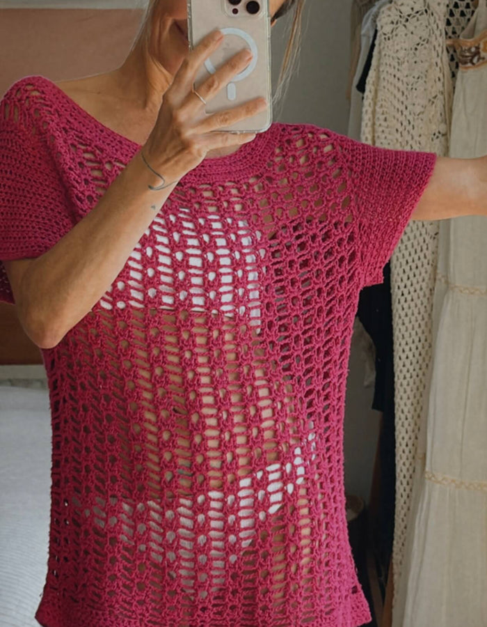 HAND-MADE Fuschia Crochet Mini Dress // Small