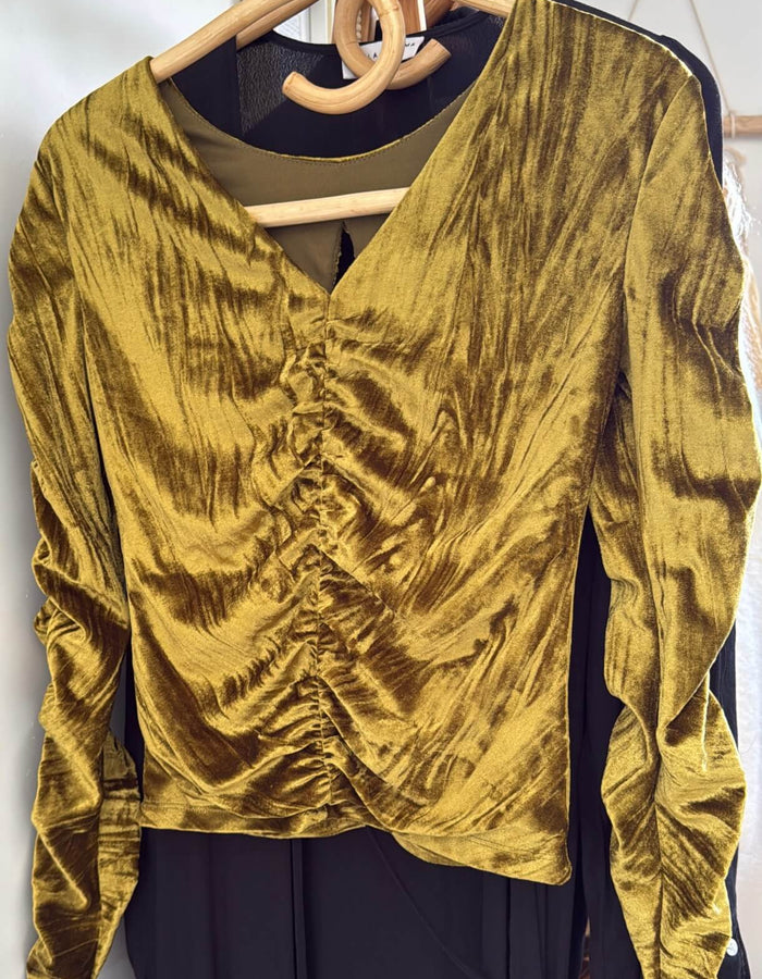 STOLEN GIRLFRIENDS CLUB Rouched Velvet Cutout Top // Gold-Chartreuse // Size 8