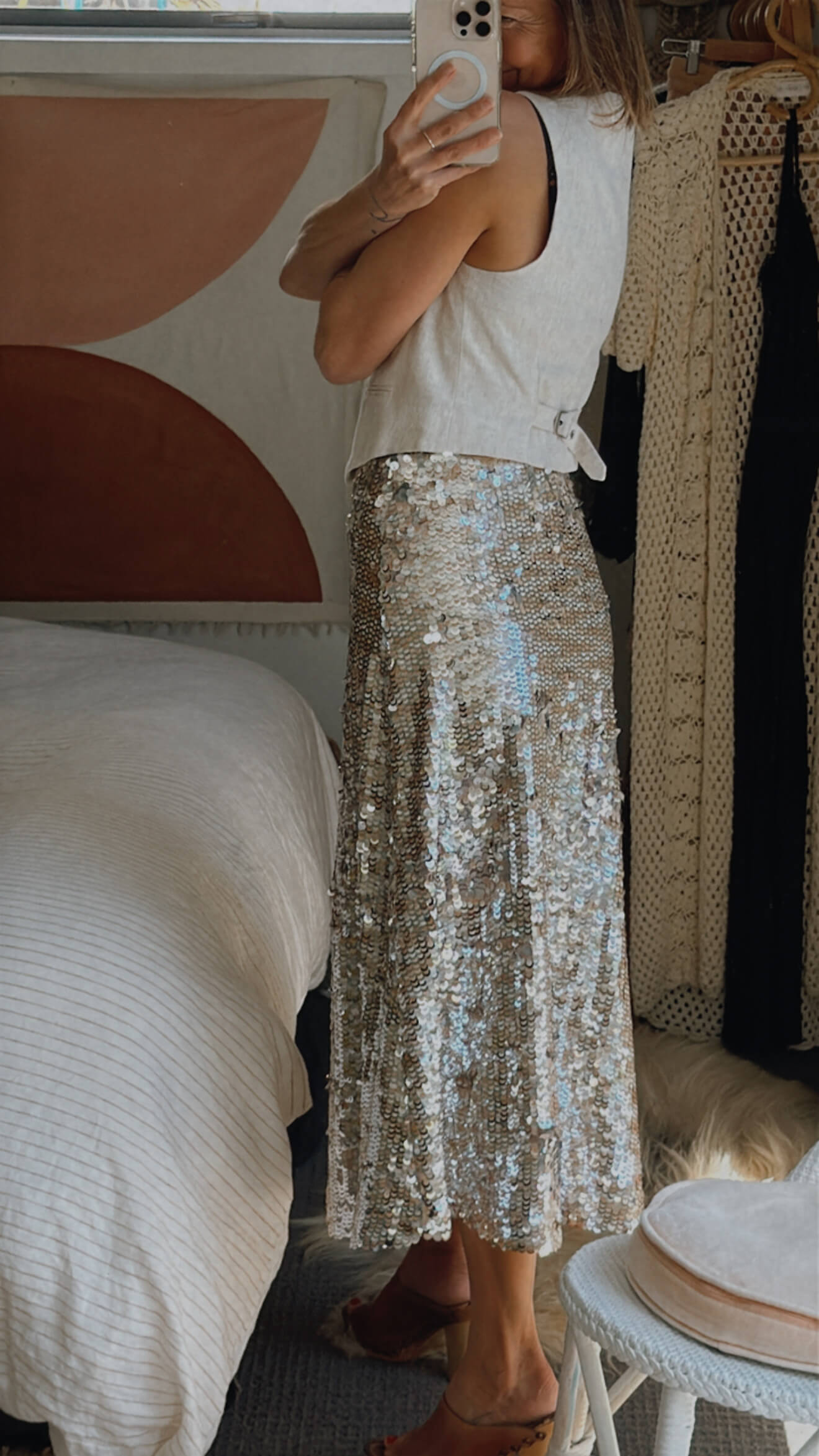 SEED HERITAGE // Sequinned Skirt // Silver/Nude // Size 6
