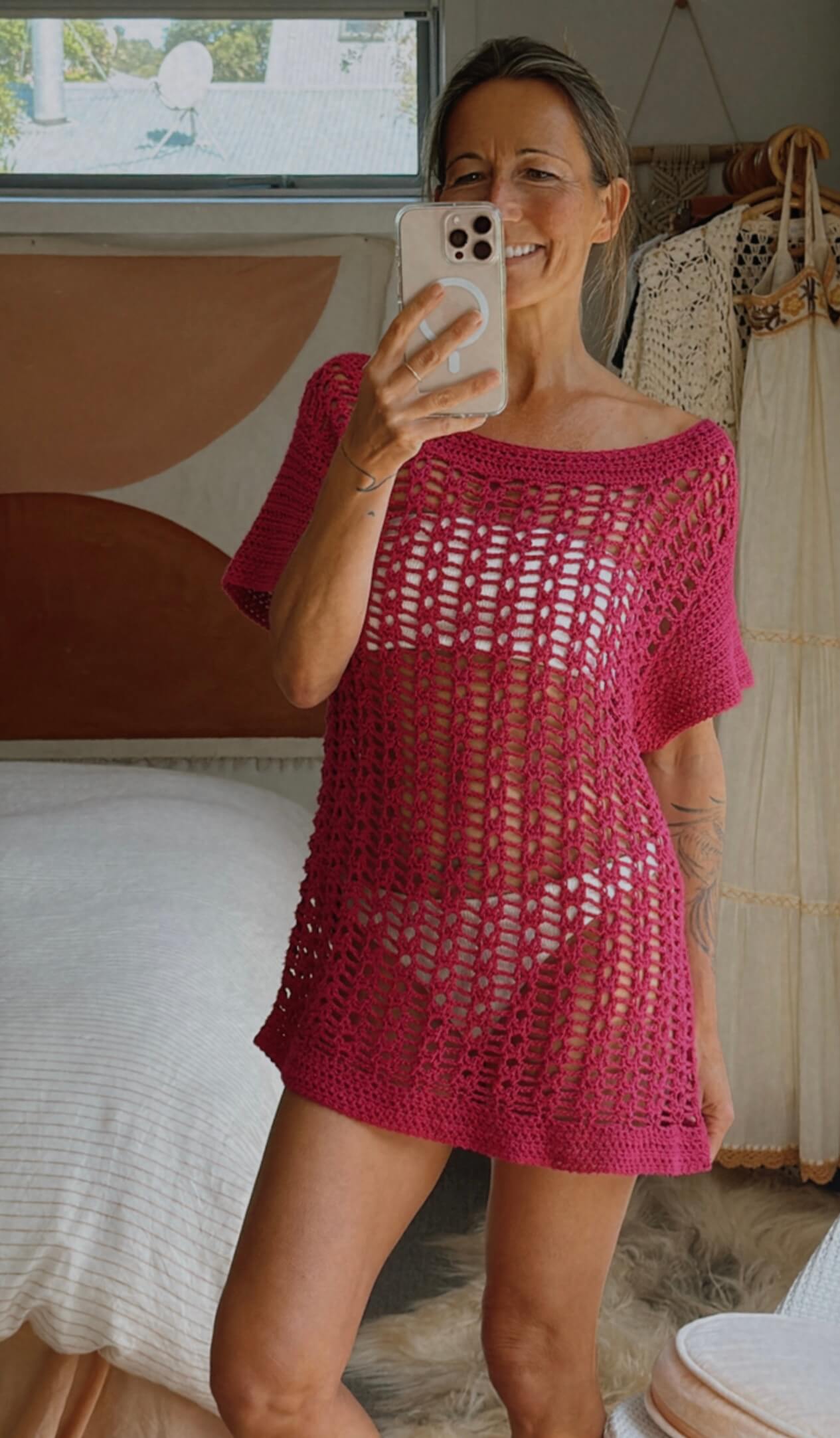 HAND-MADE Fuschia Crochet Mini Dress // Small