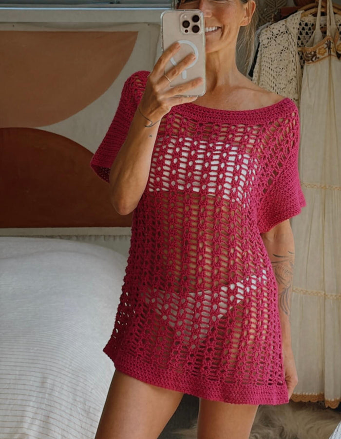 HAND-MADE Fuschia Crochet Mini Dress // Small