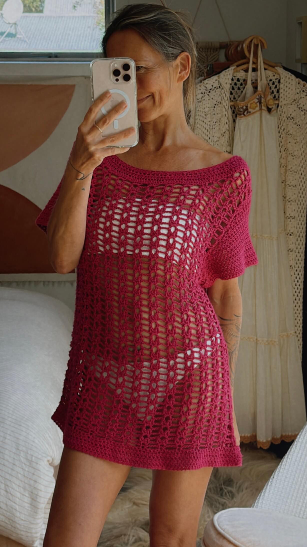 HAND-MADE Fuschia Crochet Mini Dress // Small