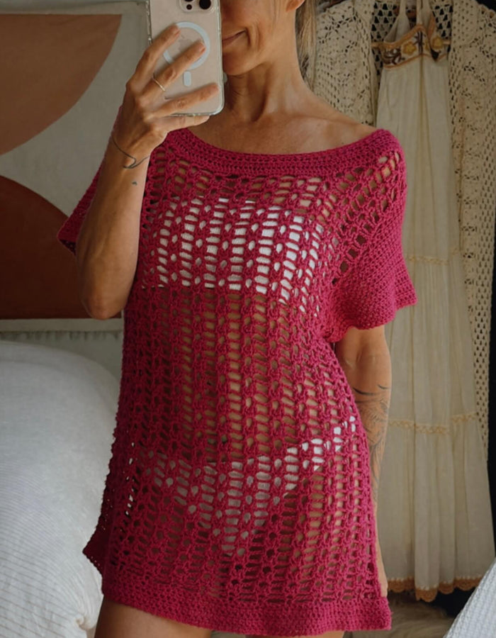 HAND-MADE Fuschia Crochet Mini Dress // Small