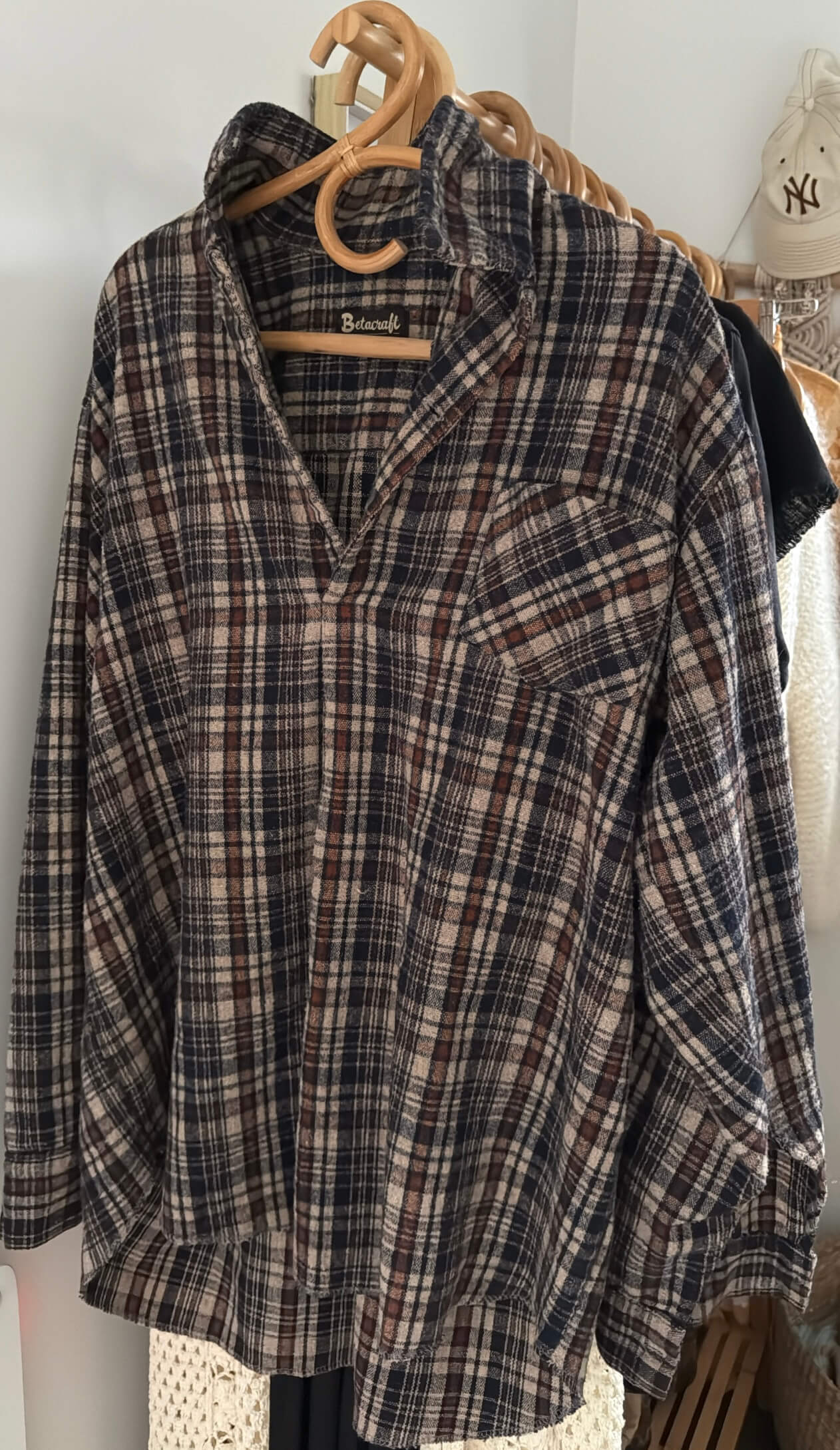 BUSHSHIRT // Navy/Brown/Beige Check // Free Size (XL)
