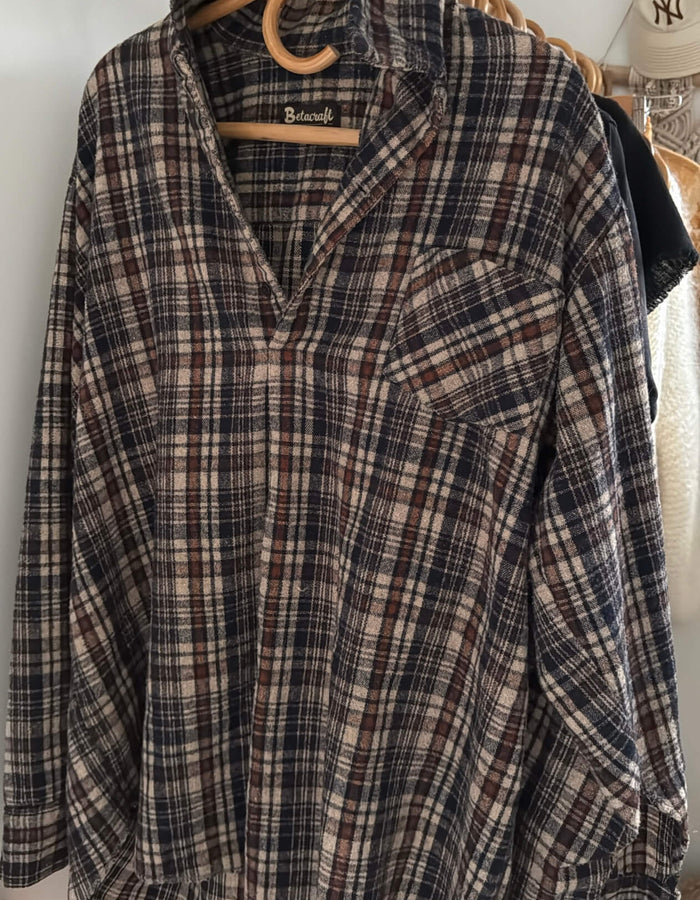 BUSHSHIRT // Navy/Brown/Beige Check // Free Size (XL)