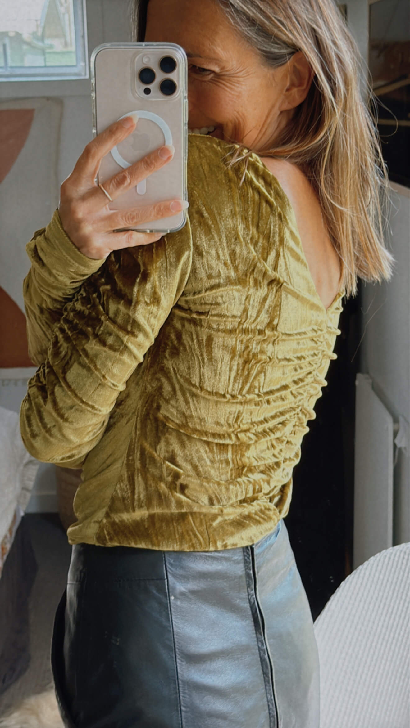 STOLEN GIRLFRIENDS CLUB Rouched Velvet Cutout Top // Gold-Chartreuse // Size 8