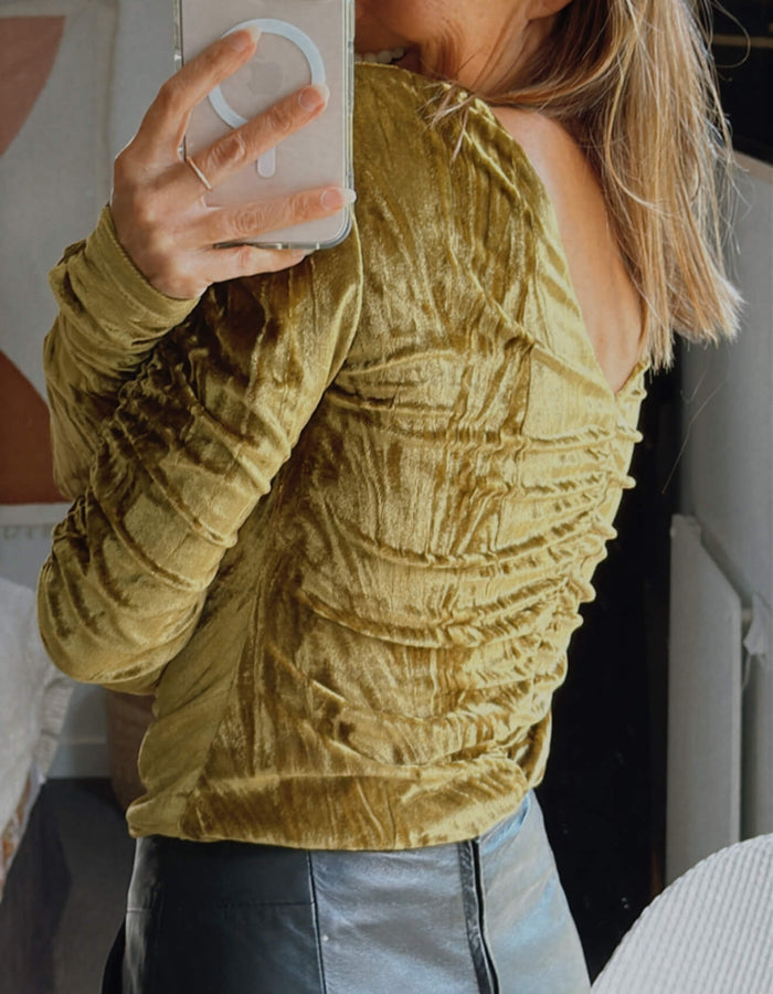 STOLEN GIRLFRIENDS CLUB Rouched Velvet Cutout Top // Gold-Chartreuse // Size 8