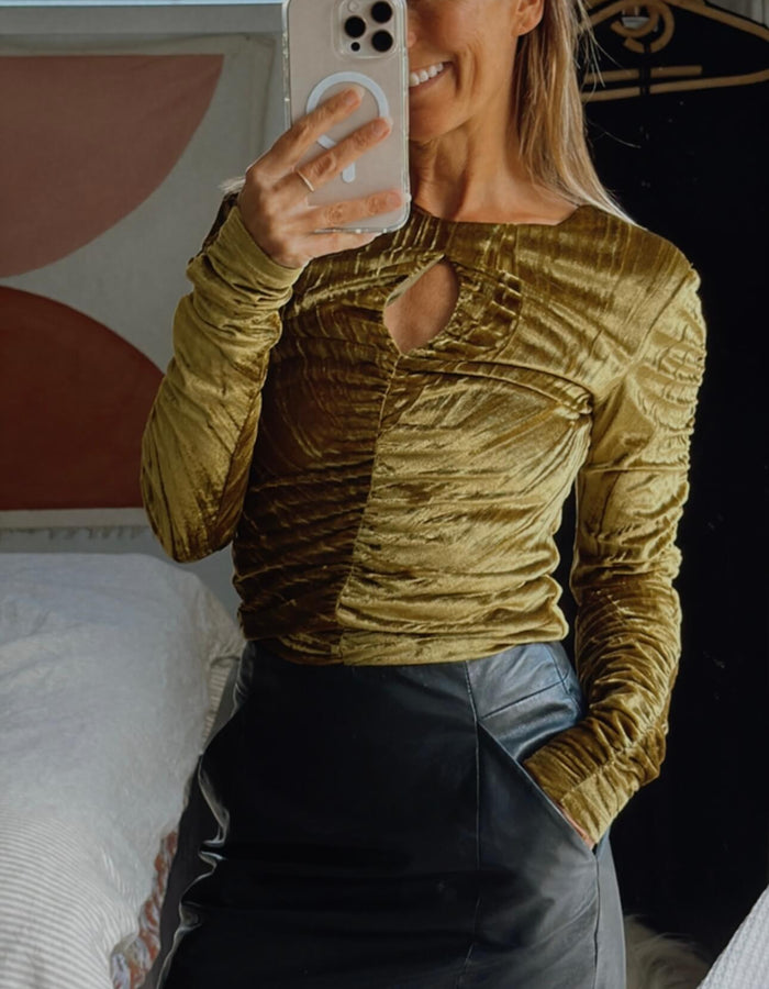 STOLEN GIRLFRIENDS CLUB Rouched Velvet Cutout Top // Gold-Chartreuse // Size 8
