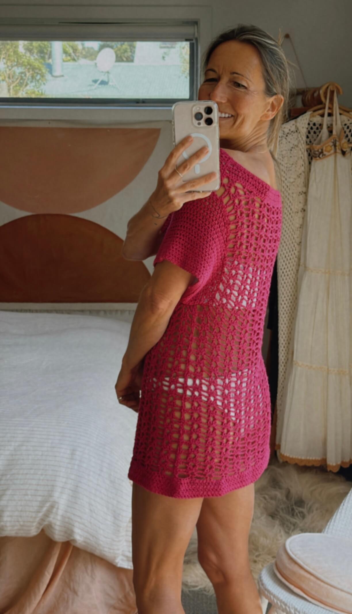 HAND-MADE Fuschia Crochet Mini Dress // Small
