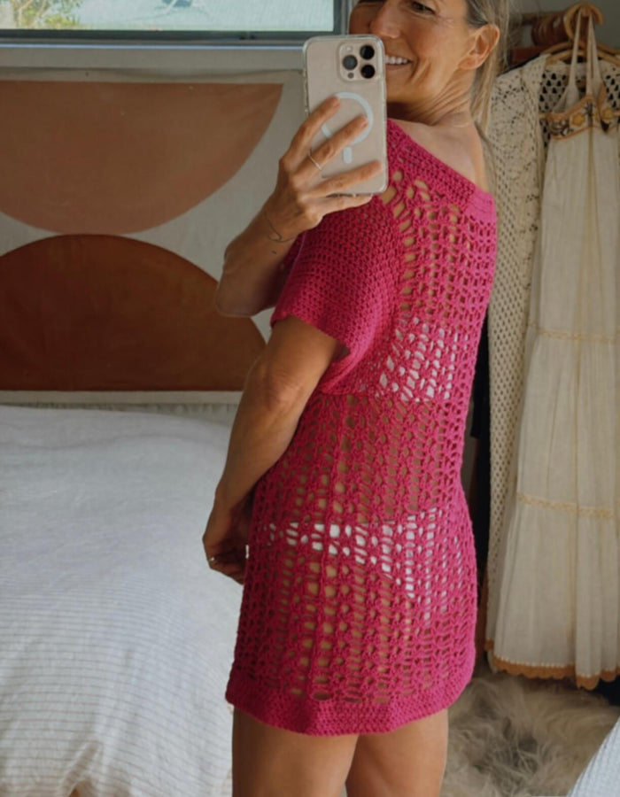 HAND-MADE Fuschia Crochet Mini Dress // Small