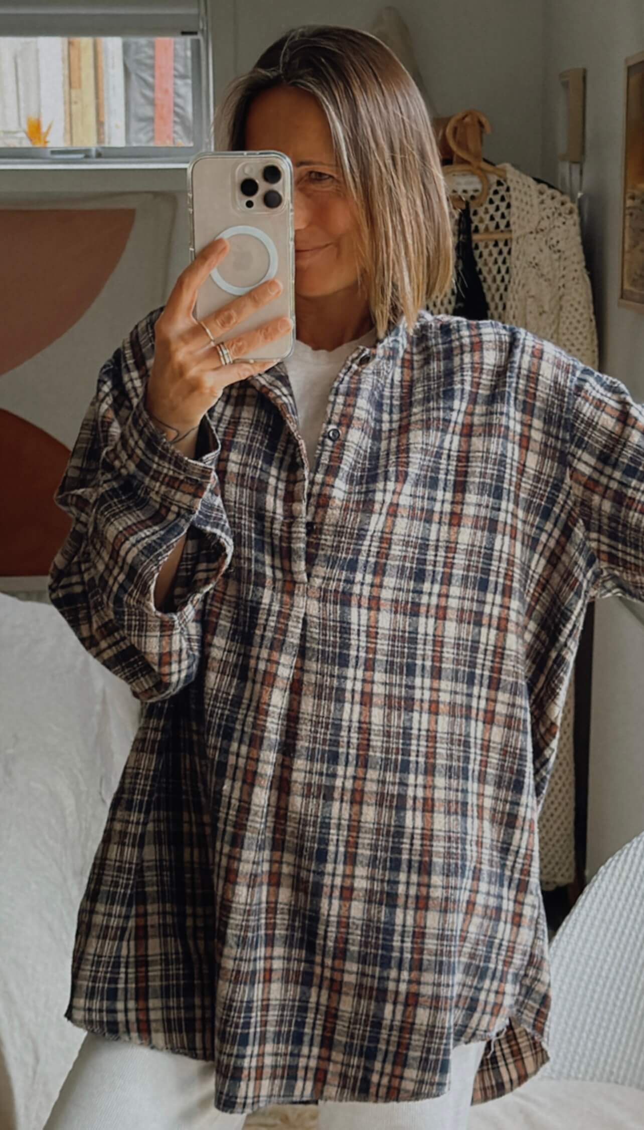 BUSHSHIRT // Navy/Brown/Beige Check // Free Size (XL)