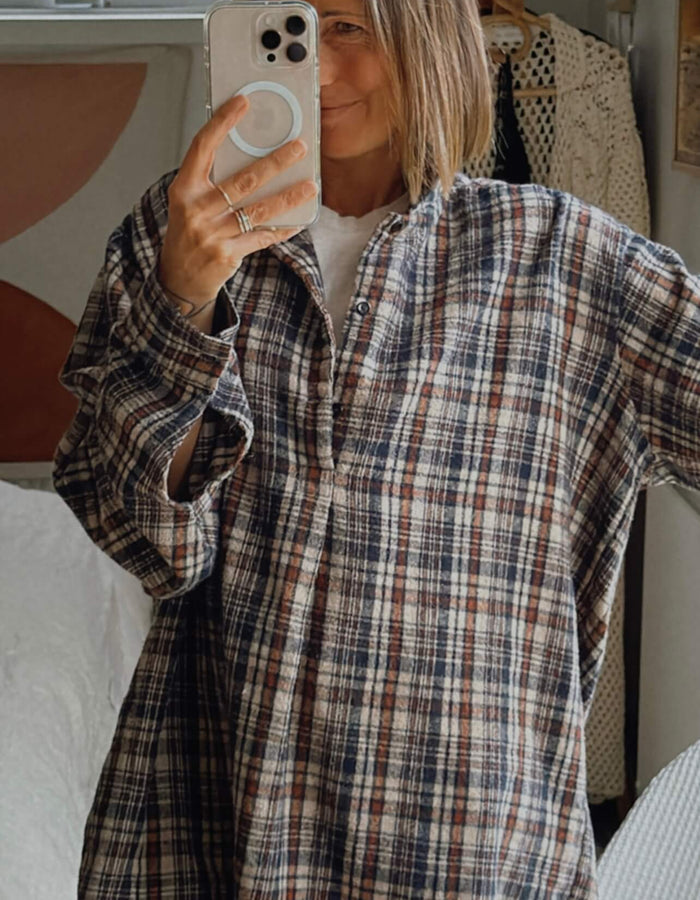 BUSHSHIRT // Navy/Brown/Beige Check // Free Size (XL)