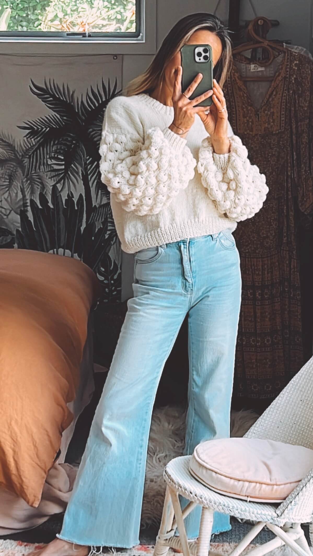 TINY HEARTS // Bobble Sleeve Crew // Cream Wool