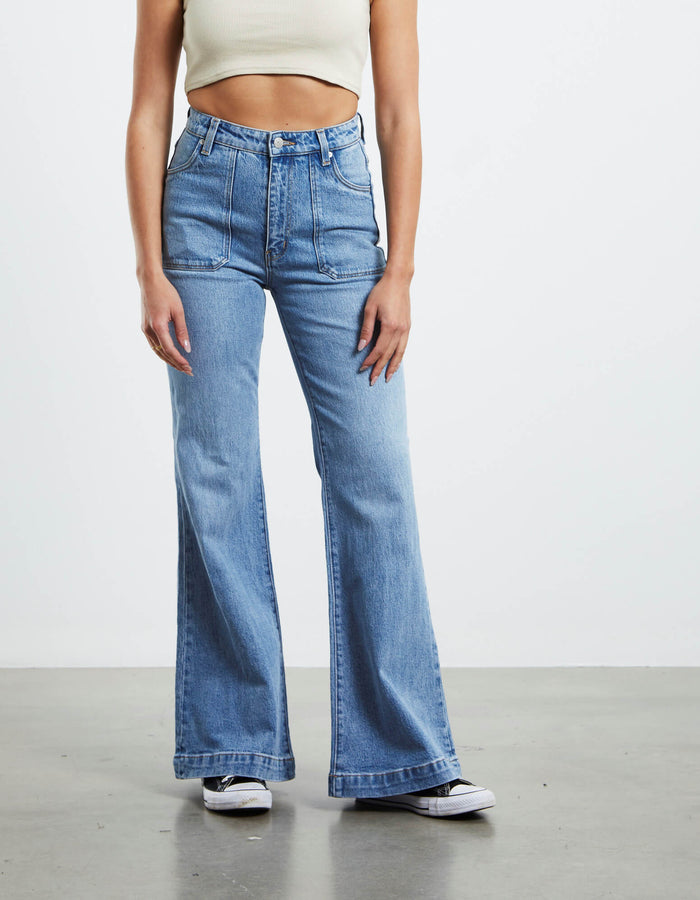 PHOEBE TONKIN X ROLLA'S // Eastcoast Flare Jeans // Bessette Blue Organic Cotton