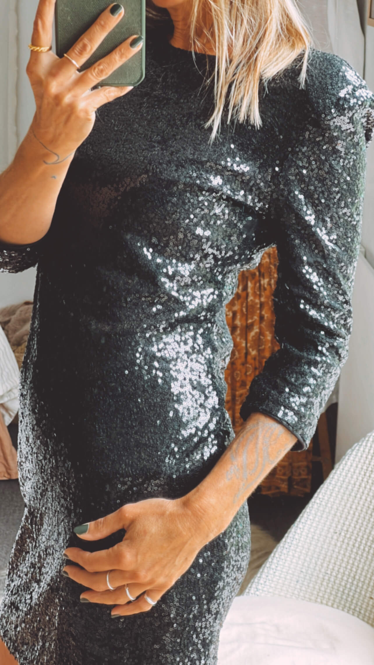 Black Sequinned Mini Dress // Small