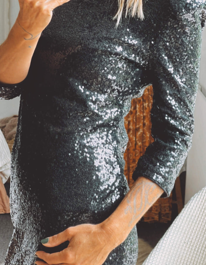 Black Sequinned Mini Dress // Small