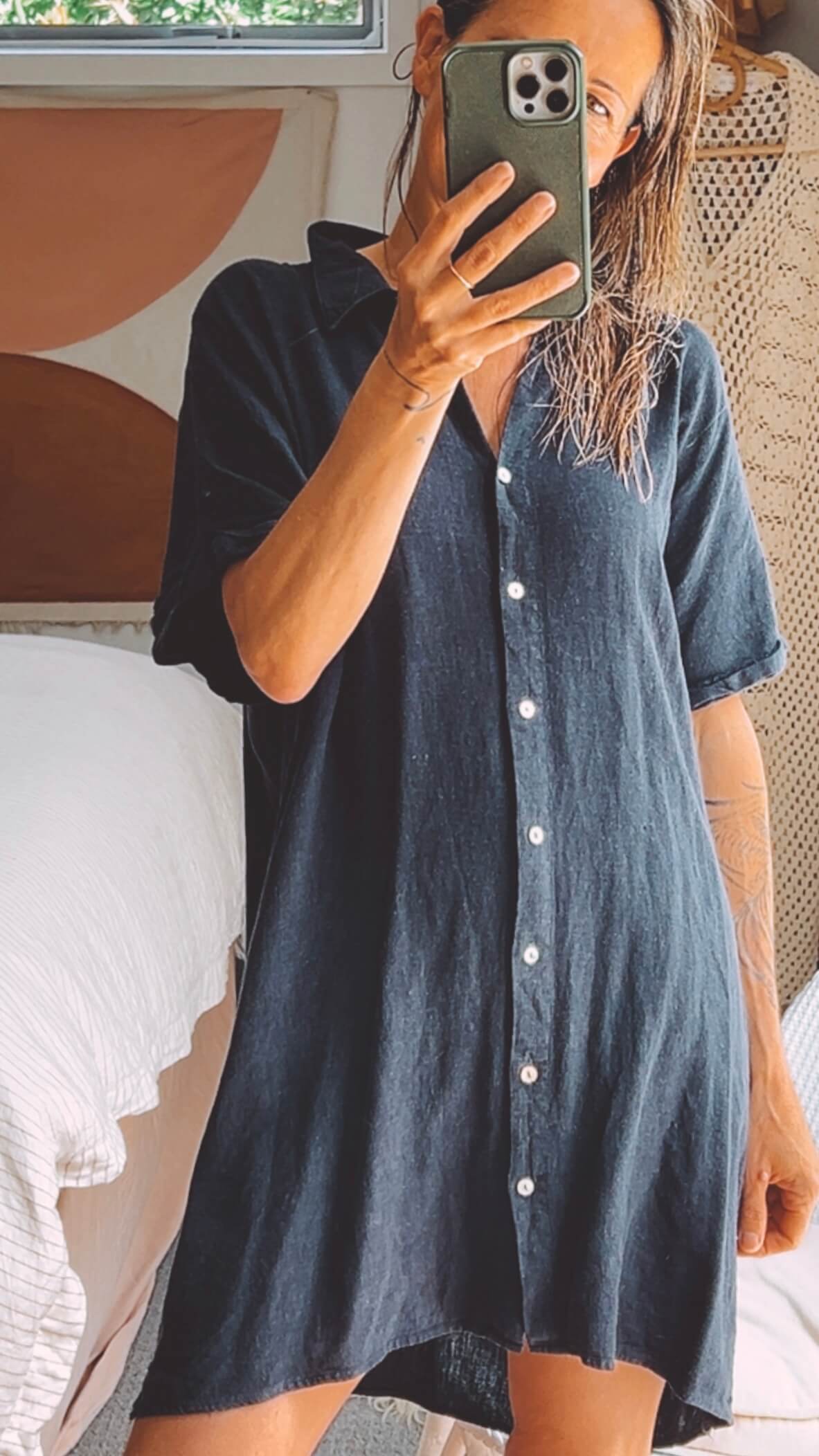 Navy Linen Shirt Dress // Medium