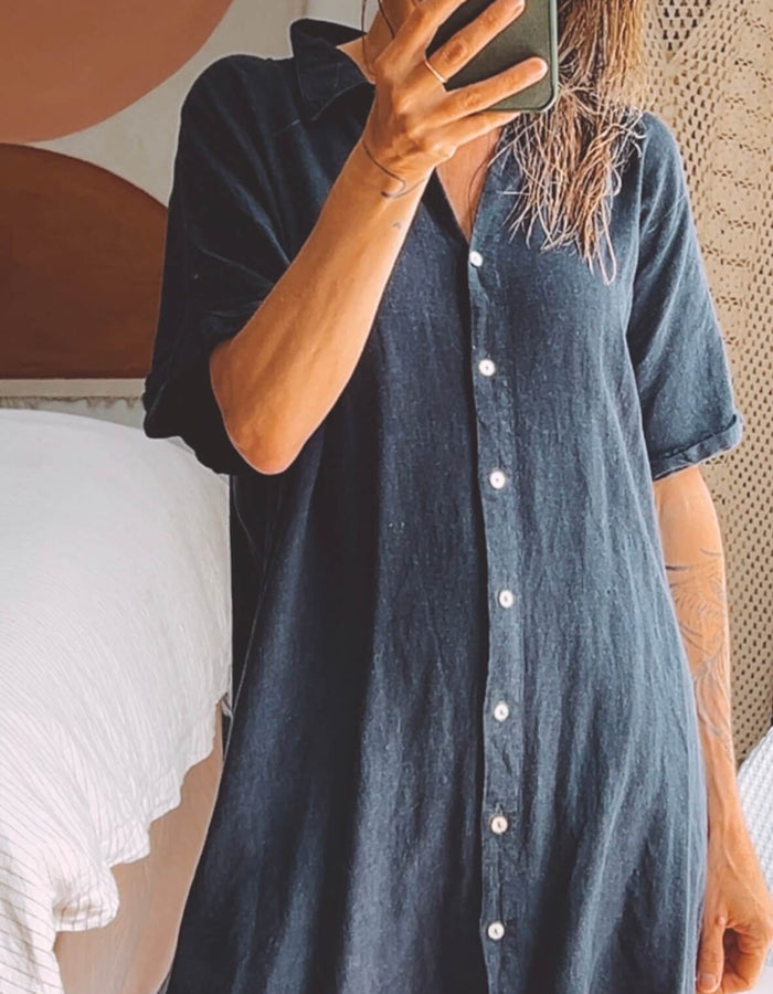 Navy Linen Shirt Dress // Medium