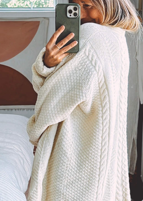 Cream Oversized Hand-Knitted Woollen Arran Cardi // Free Size