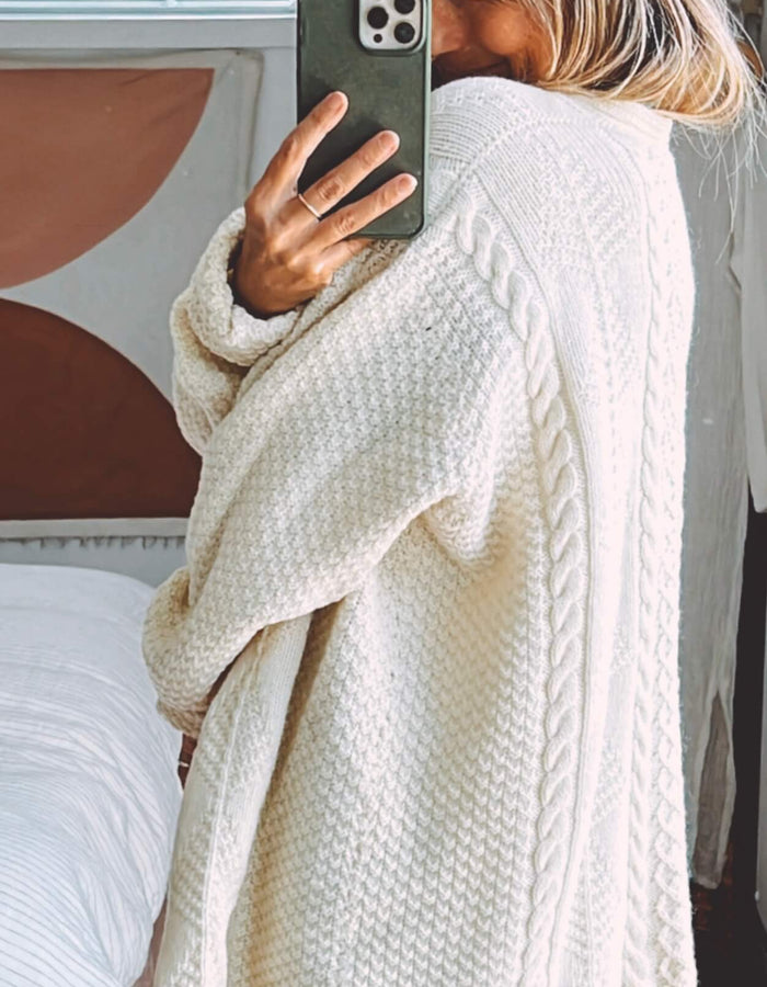 Cream Oversized Hand-Knitted Woollen Arran Cardi // Free Size