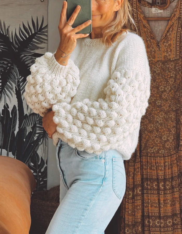 Tiny Hearts Bobble Sleeve Crew // Cream Wool