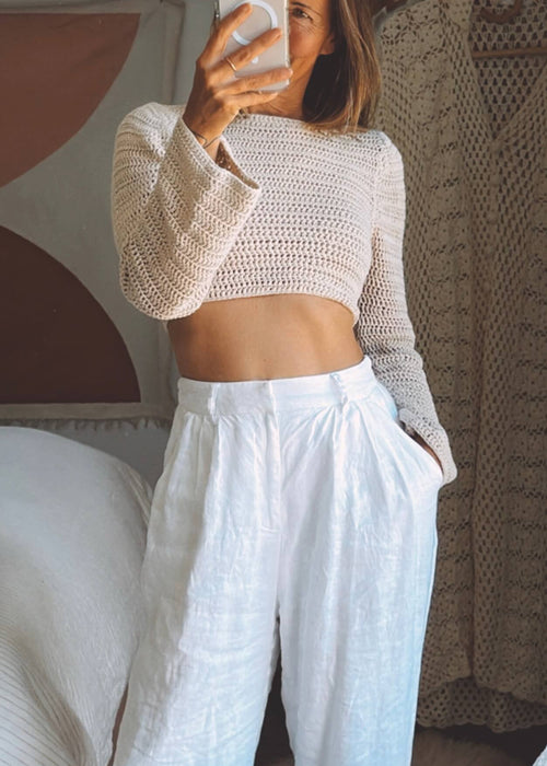 Crochet Cropped Jersey Top // Oatmeal // Small