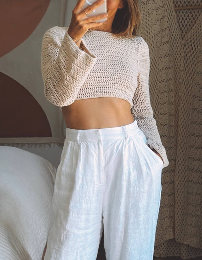 Crochet Cropped Jersey Top // Oatmeal // Small