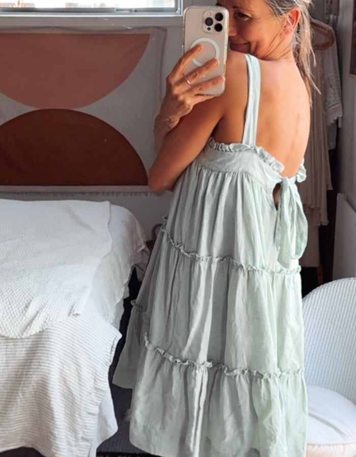 BLAK // Tiered Linen Mini Dress // Sage // Size 8