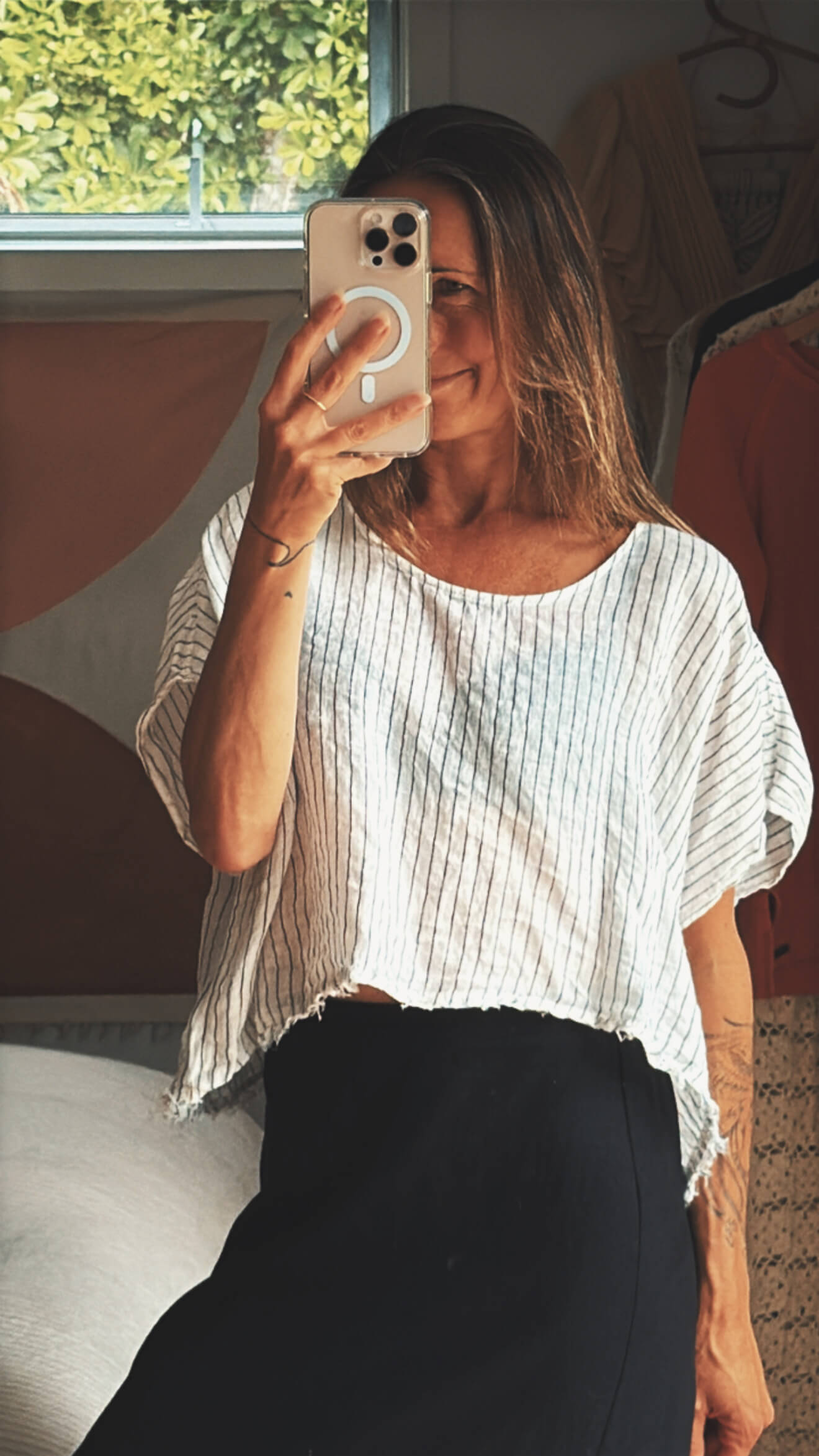 MOOCHI Striped Linen Cropped Blouse // M/L