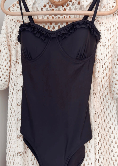 PIHA SWIMWEAR // Frill One Piece Swimsuit // Black // Size 8