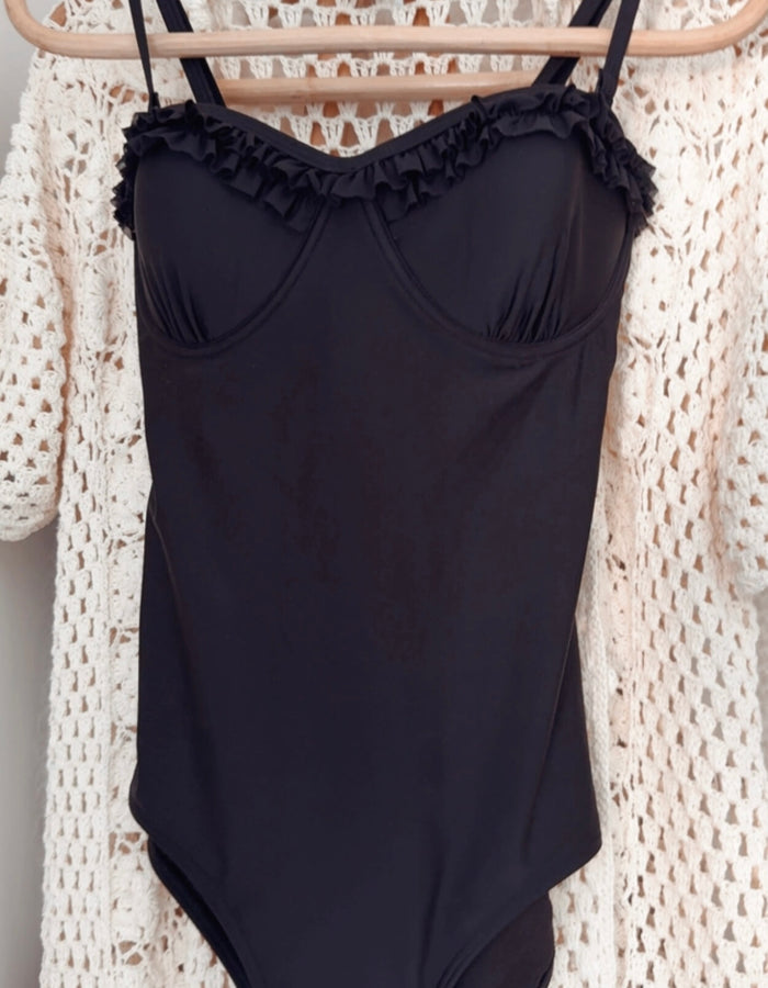 PIHA SWIMWEAR // Frill One Piece Swimsuit // Black // Size 8