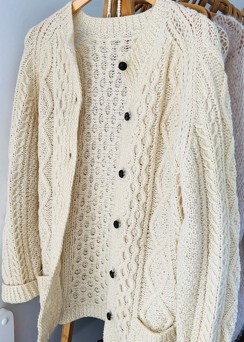 Cream Hand-Knitted Woollen Arran Cardi // Free Size