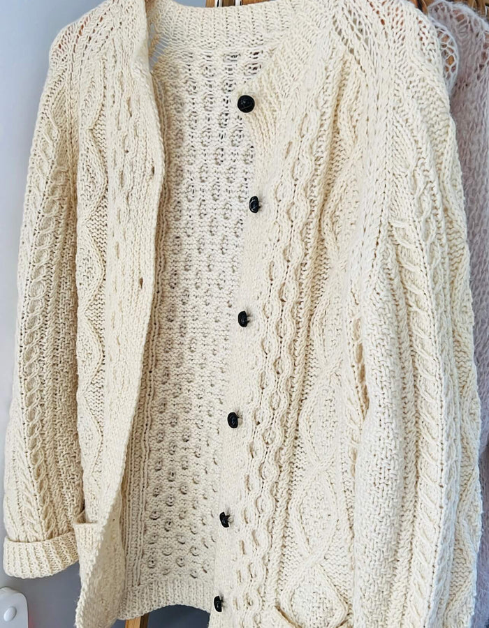 Cream Hand-Knitted Woollen Arran Cardi // Free Size