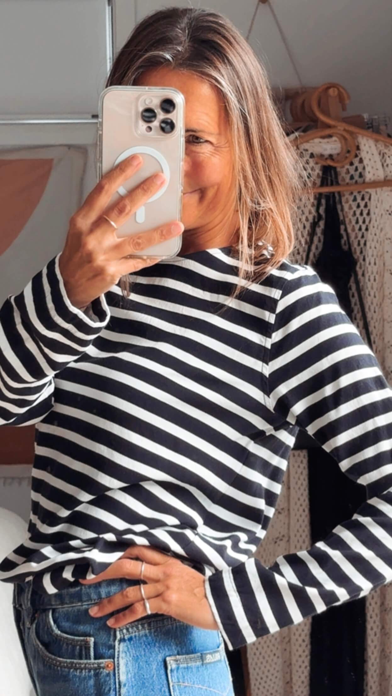 TRENERY // Navy Striped Crew Top // Small