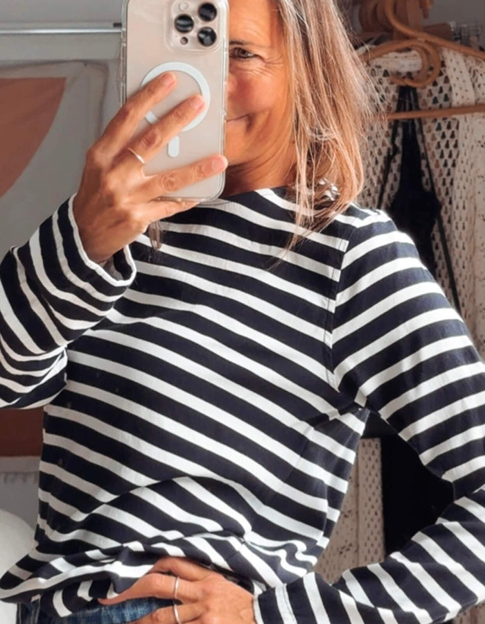 TRENERY // Navy Striped Crew Top // Small
