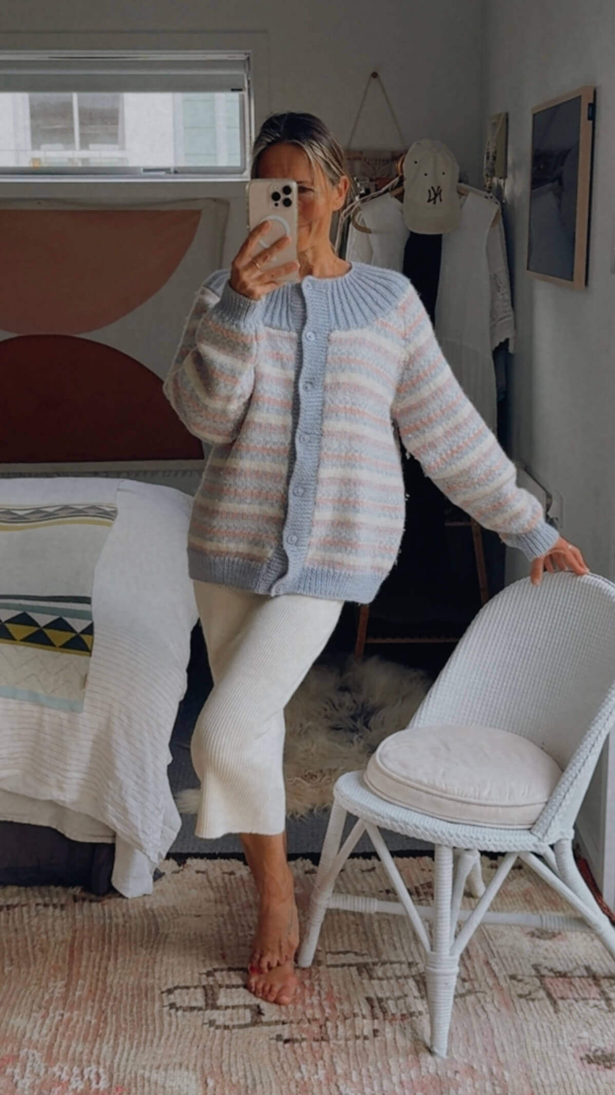 Hand-knitted Woollen Cardi // Duck Egg Blue/Pink/Cream // Free Size